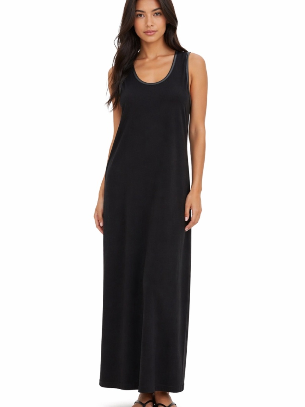 Roots maxi dress size 4 faux leather trim slit cotton sleeveless black cozy
